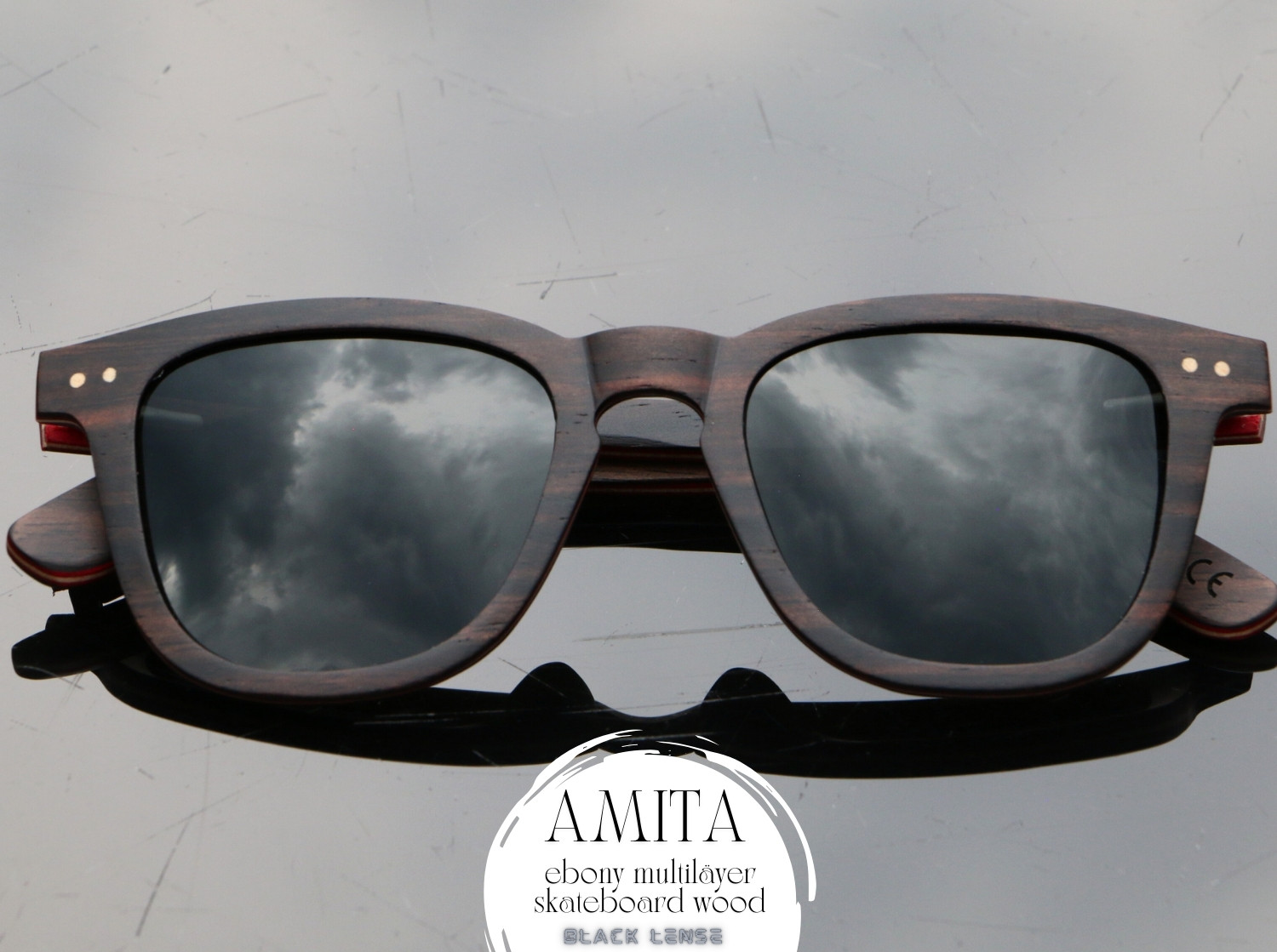 Amita black lense ebony sunglasses Wooden shade skateboard multilayer wood